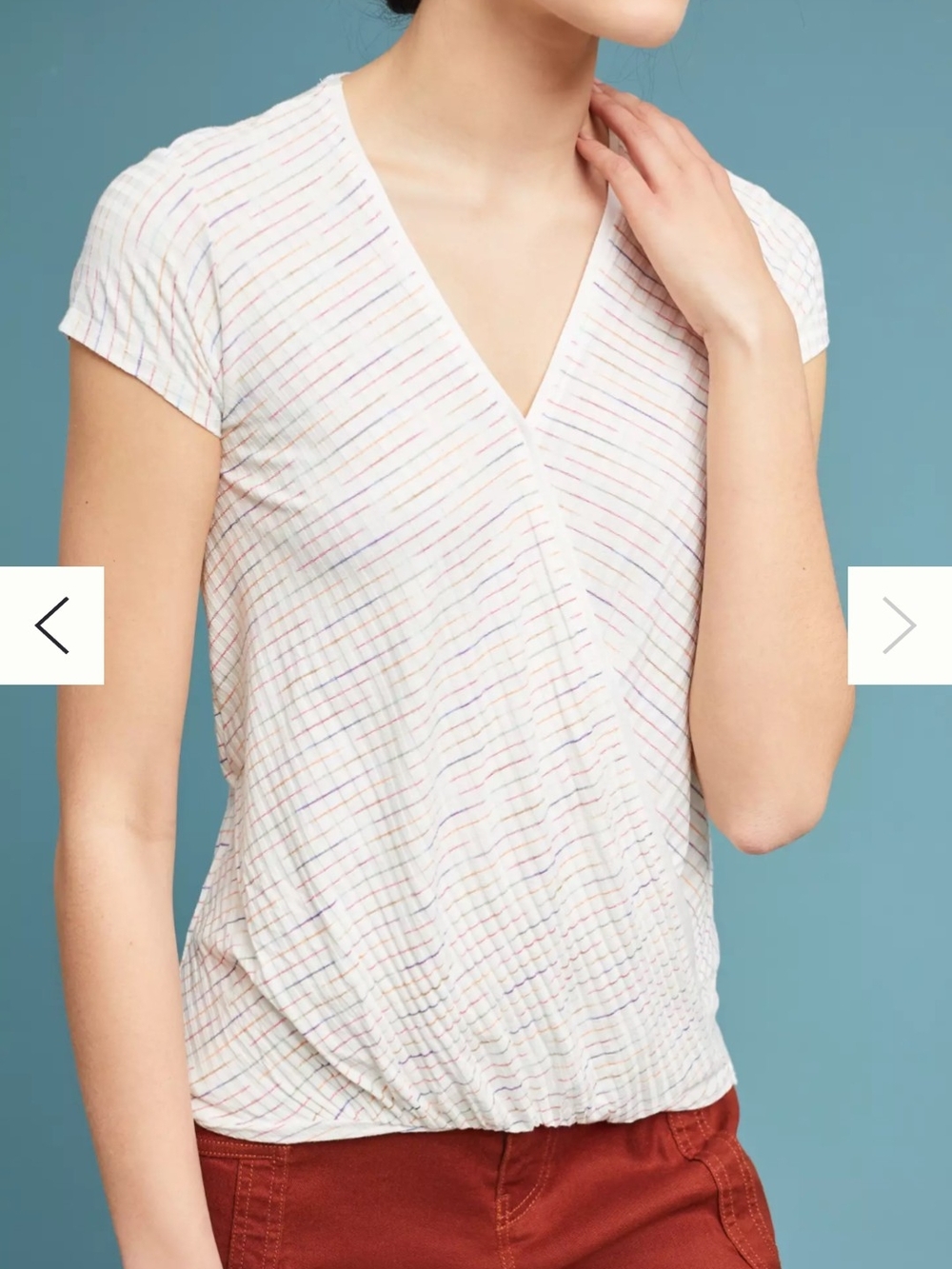 Maeve White Short-Sleeve Multicolor Pinstripe Wrap Top